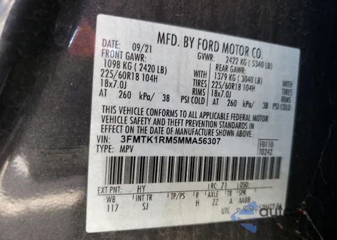 2021 Ford Mustang Mach-E Select z USA, uszkodzony, nr VIN 3FMTK1RM5MMA56307